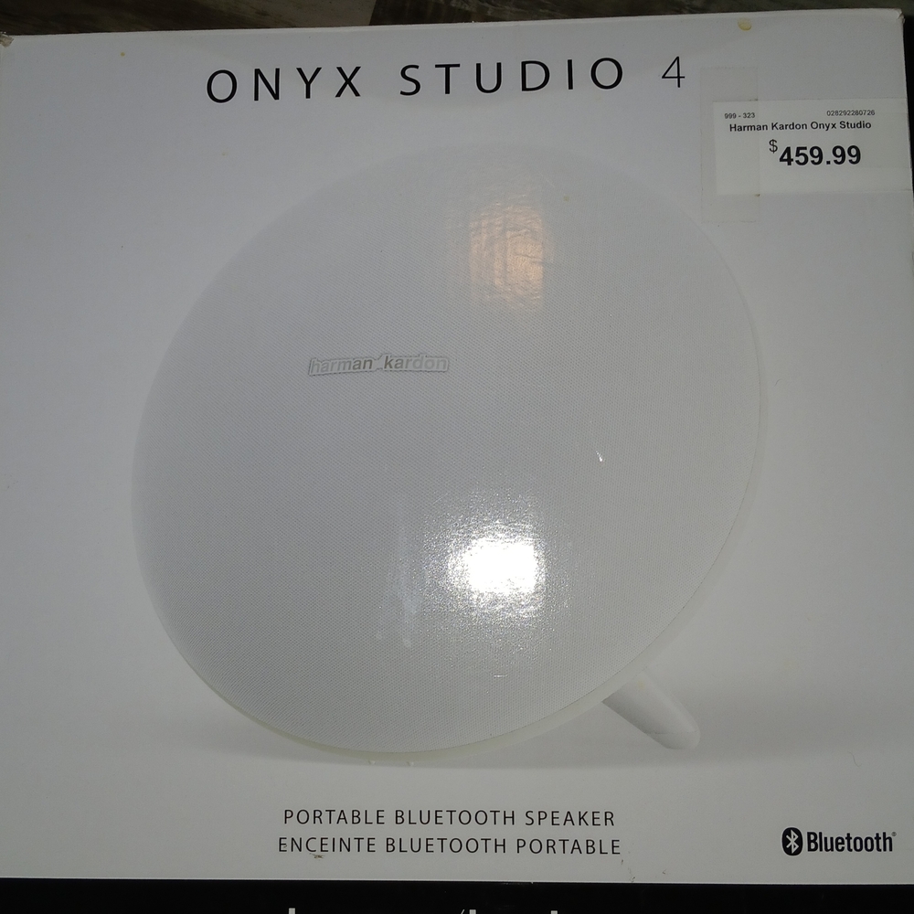 Set of 2 Pre-loved Onyx Studio 4, White Portable Bluetooth Speakers in the Box.